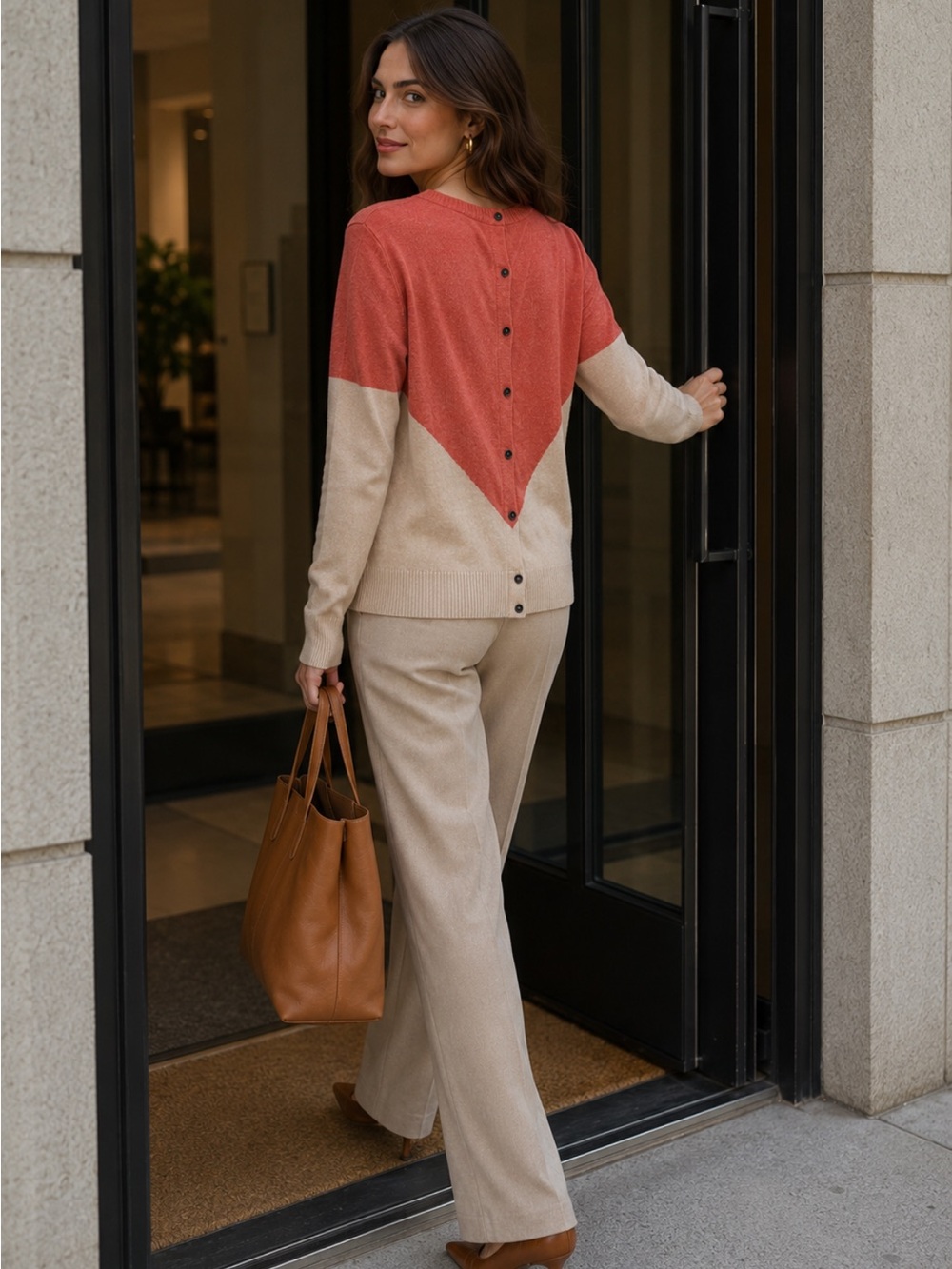 Colorblock Chevron Pullover Sweater - Coral and Cream
